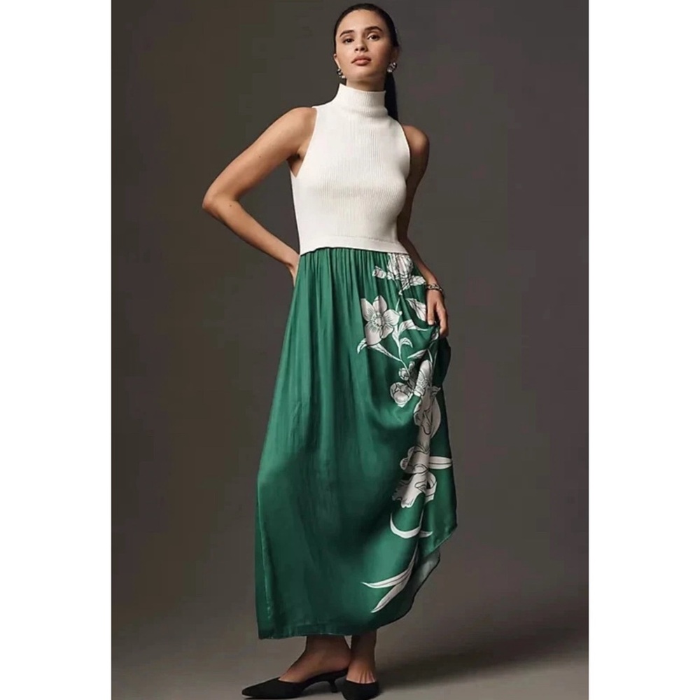 Anthropologie Ivory and Emerald Maxi Dress